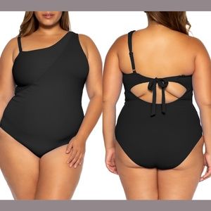 NEW Becca Etc Ribbed Fine Line One-Shoulder One-Piece Swimsuit [‎ 0X 14/16 ]